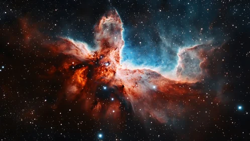 Celestial firebird unfurls wings in a star-salted cradle.