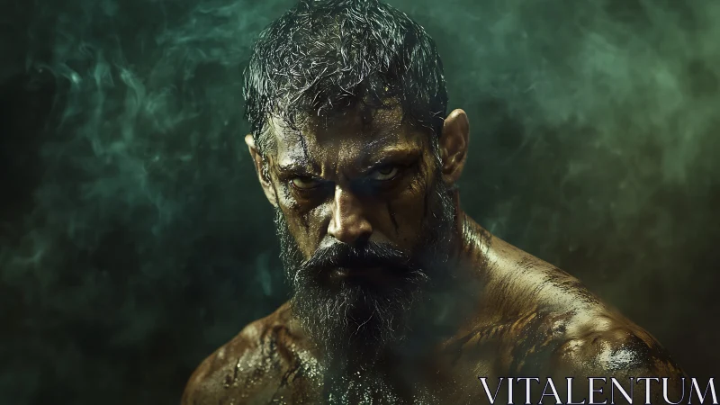 Fierce warrior’s muddy glare holds a storm of raw resolve