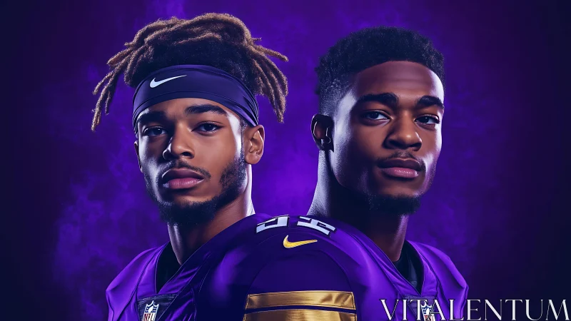 Twin NFL athletes in vivid purple spotlight portrait.