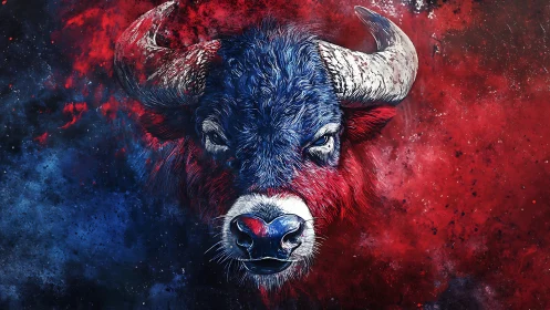 Bison portrait splits into red and blue cosmic paint clouds