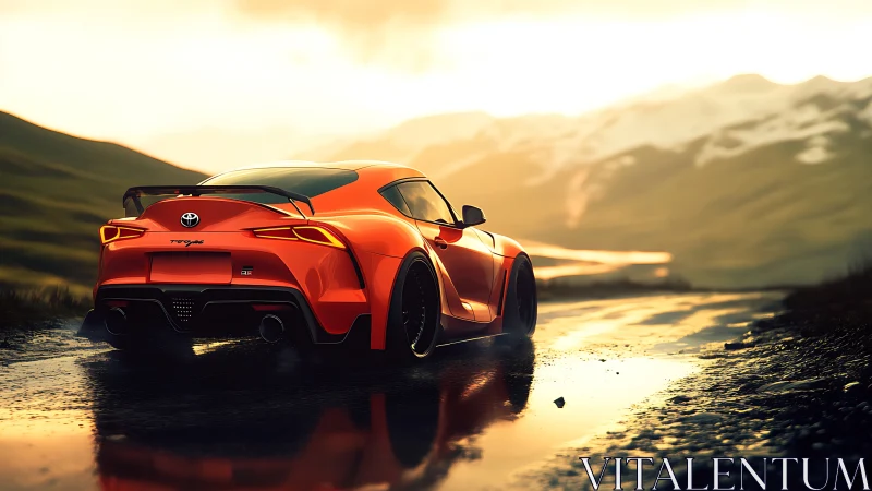 Orange sports car powers along wet mountain road at sunset