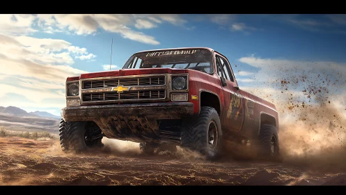 Retro off-road pickup powers through desert dust at speed