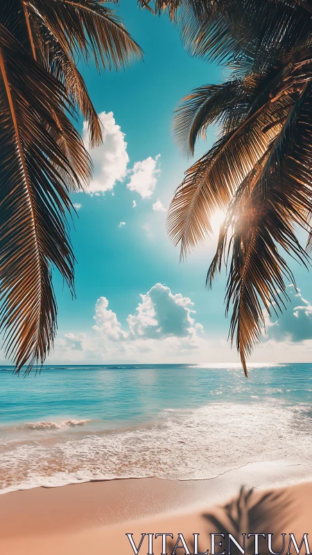 Sunlit tropical shoreline framed by glowing palm fronds.