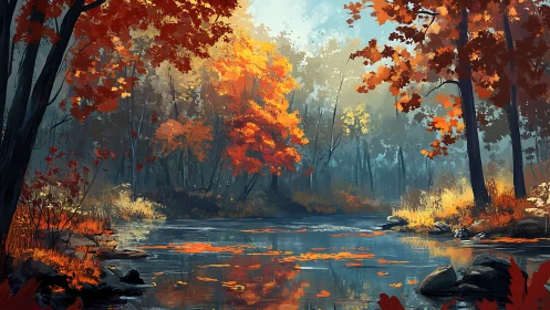 Autumn Forest Stream. Golden light filters through fiery canopy.