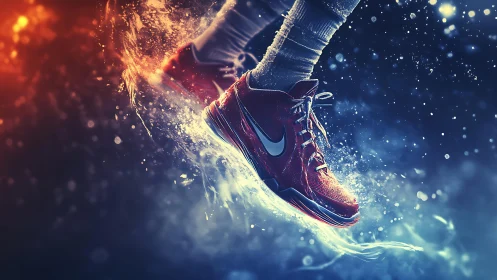Dynamic red sneakers splashing through glowing water.