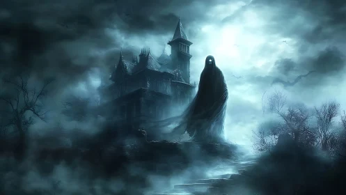 Digital painting of spectral wraith before Gothic manse at night.