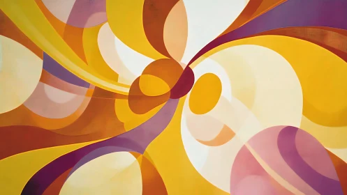 Curved abstract shapes intersect in warm yellow and magenta bands