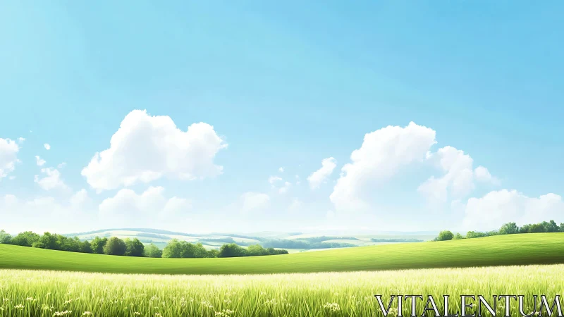 Sunlit meadow rolling under cotton-bright summer clouds.