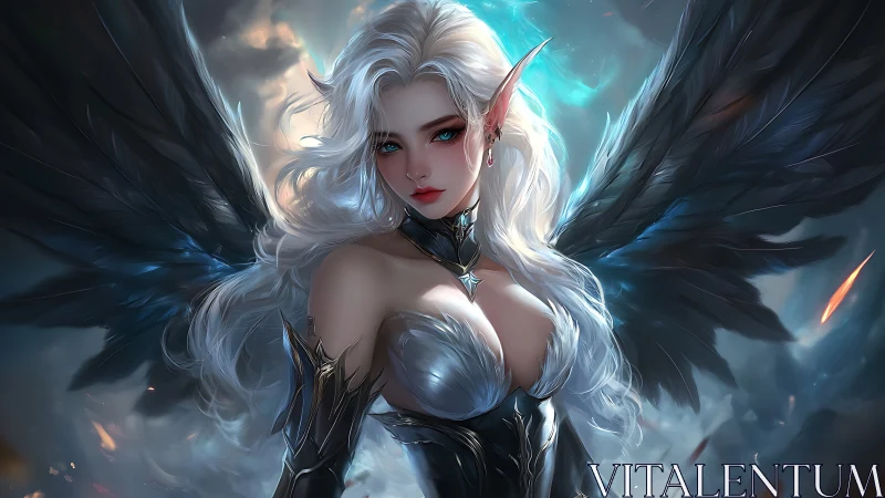 Radiant winged elf warrior rising in swirling stormlight.