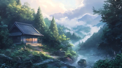Mountain valley cabin rendered with atmospheric depth and soft light