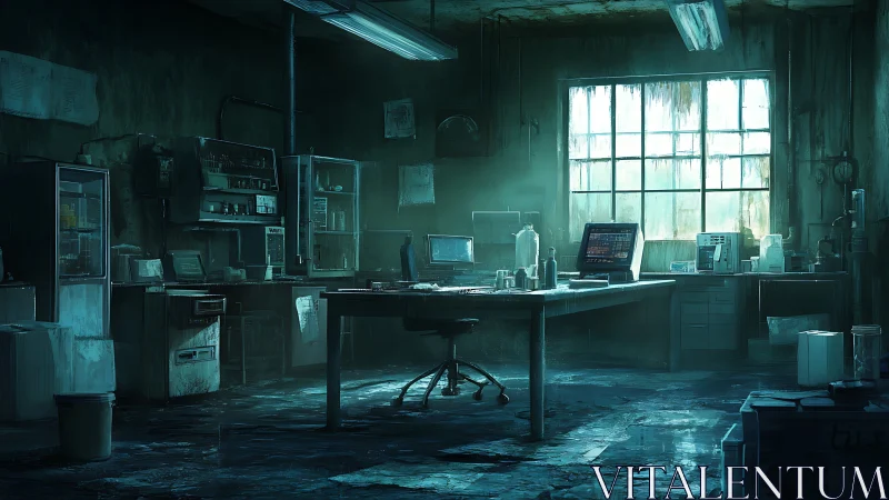 Abandoned cyber lab glows with cold, haunted computer light