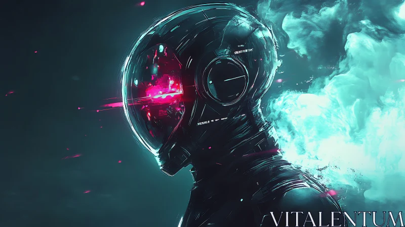 Cyberpunk astronaut profile with neon volumetric vapor plume.