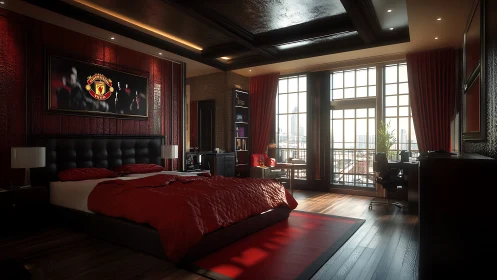 Luxury bedroom with red decor and large city view windows.