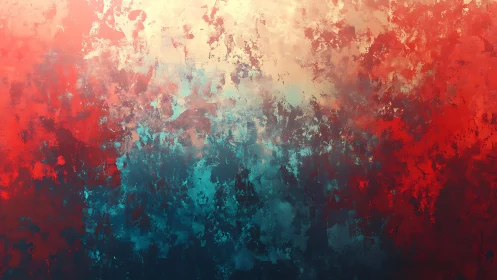 Abstract textured painting with red, blue, and cream gradients.