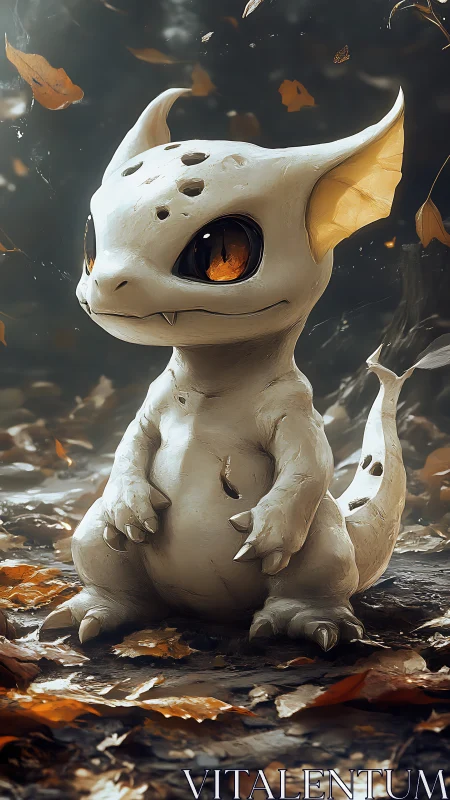 Small white dragon watches autumn leaves swirl around forest