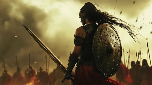 Battle-hardened warrior leading shield wall at dusk.