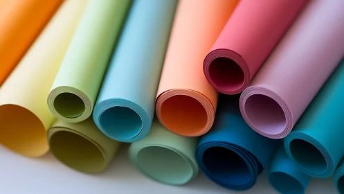 Rolled pastel colored paper sheets arranged in close view.