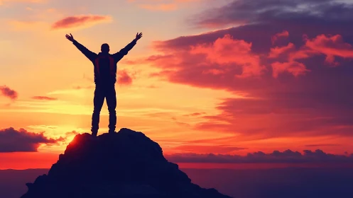 Silhouetted mountaineer atop ridge under saturated sunset sky.