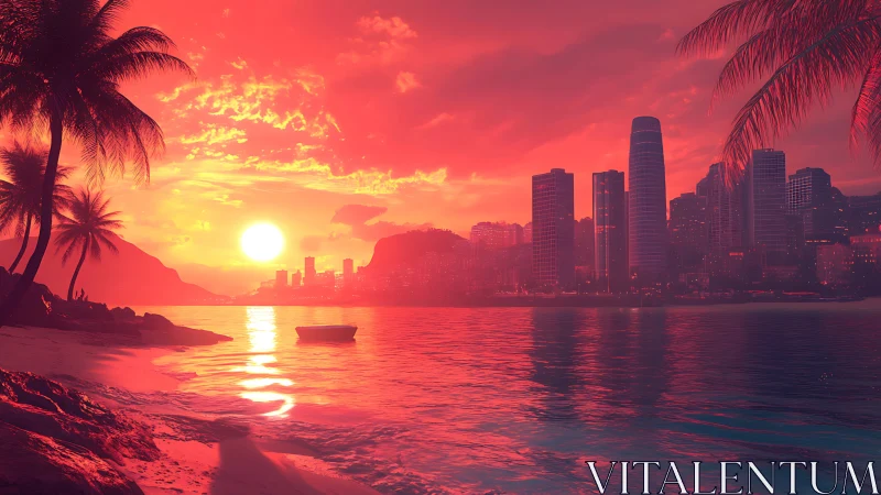 Tropical shoreline with city skyline at vivid red sunset.