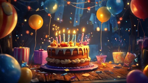Luminous Birthday Cake Centerpiece with Glowing Balloons and Candles