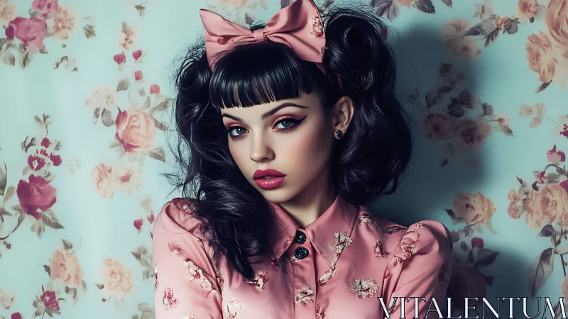 Retro doll-style portrait in pink floral fashion setting.