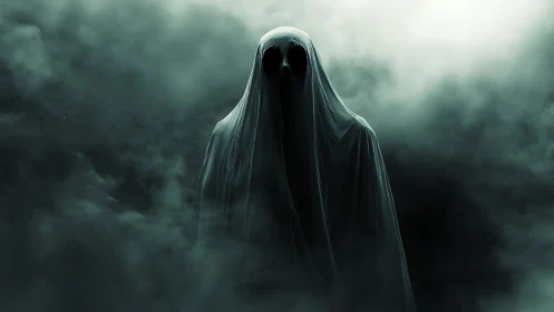 Shrouded ghost figure emerges from dense swirling fog