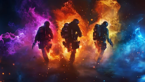 Tactical soldiers stride through neon elemental firestorm