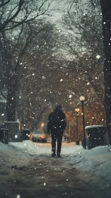 Soft winter snowfall welcomes a lone walker into quiet calm