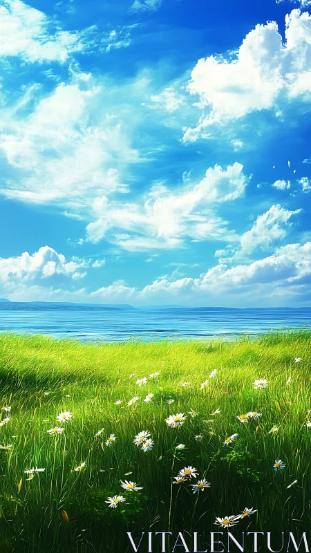 Wildflower shoreline meadow glows under radiant summer sky