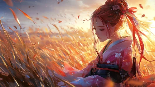 Female figure in kimono within illuminated grass field at dusk.