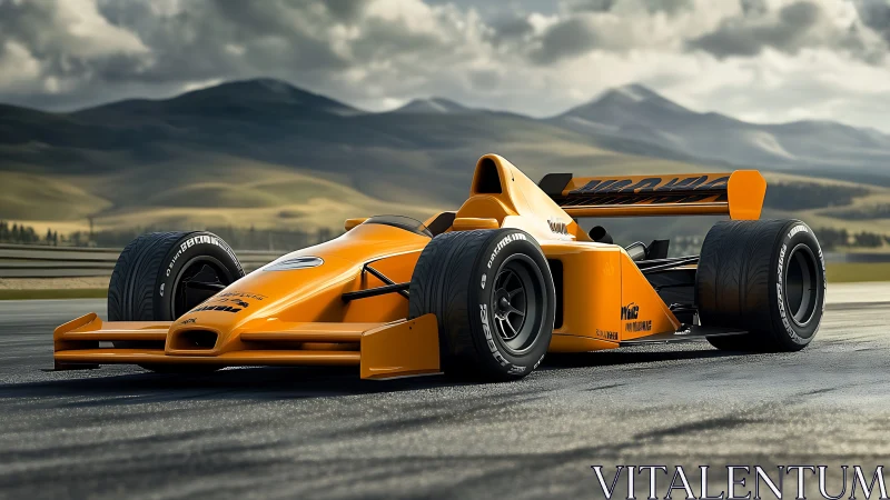 Bright orange Formula race car waits on open mountain circuit.