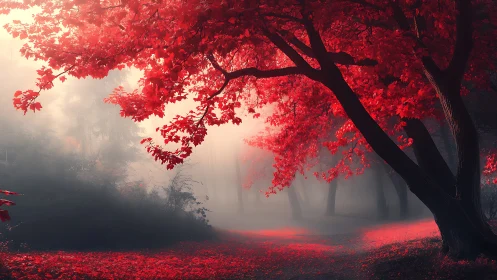 Crimson forest glow welcomes a quiet walk through misty light