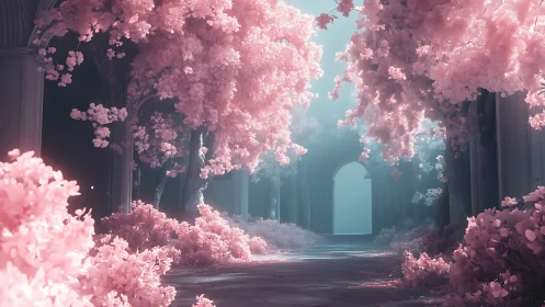 Dreamlike pink arboreal arcade in soft ethereal light.