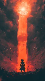 Fiery warrior silhouette meets a blazing celestial gateway