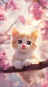 White Kitten Among Pink Blossoms. Digital Portrait.