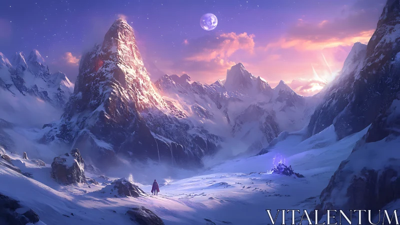 Moonlit wanderer crosses crystal-lit pass toward dawn