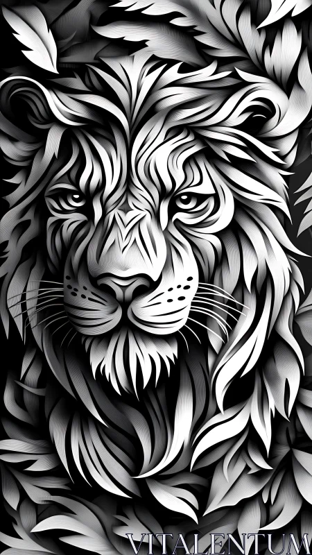 Monochrome lion portrait in layered flowing paper lines.