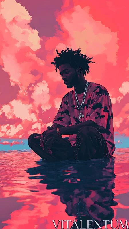 Man sits cross-legged on reflective water under pink sky