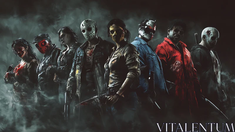 Masked horror killers stand in bloodstained foggy corridor