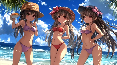 Sunlit anime friends share a playful summer beach moment