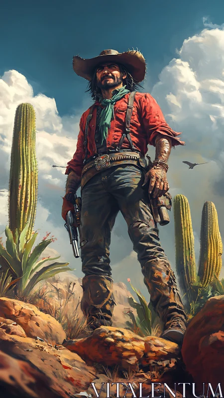 Grit-textured desert gunslinger framed by towering cacti clouds