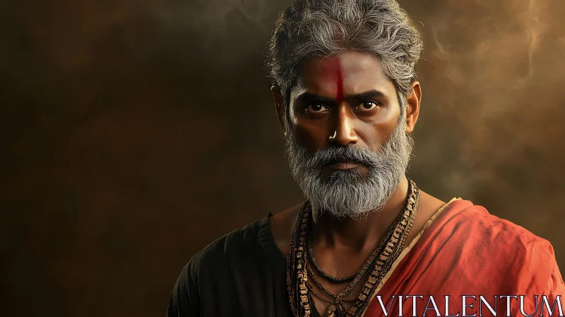 Portrait of gray-bearded man in traditional attire.