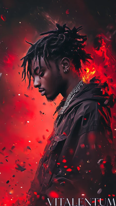 Profile portrait in red embers with contemplative mood.