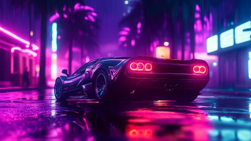 Neon night drive with a sleek supercar and rainy streets.