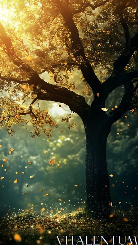 Backlit tree silhouette with golden hour illumination and falling autumn leaves
