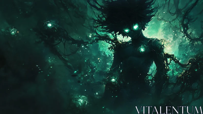 Luminous forest spirit stepping from a glowing dream storm.