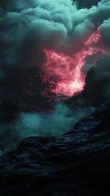 Neon storm rift over obsidian cliffs in cinematic contrast.