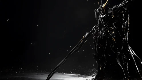 Midnight mech warrior stands poised in a storm of sparks