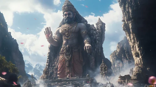 Colossal mountain deity carved in misty sacred canyon.