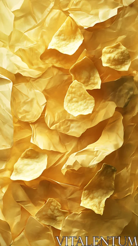 High-contrast potato chips on crumpled golden wrapper surface